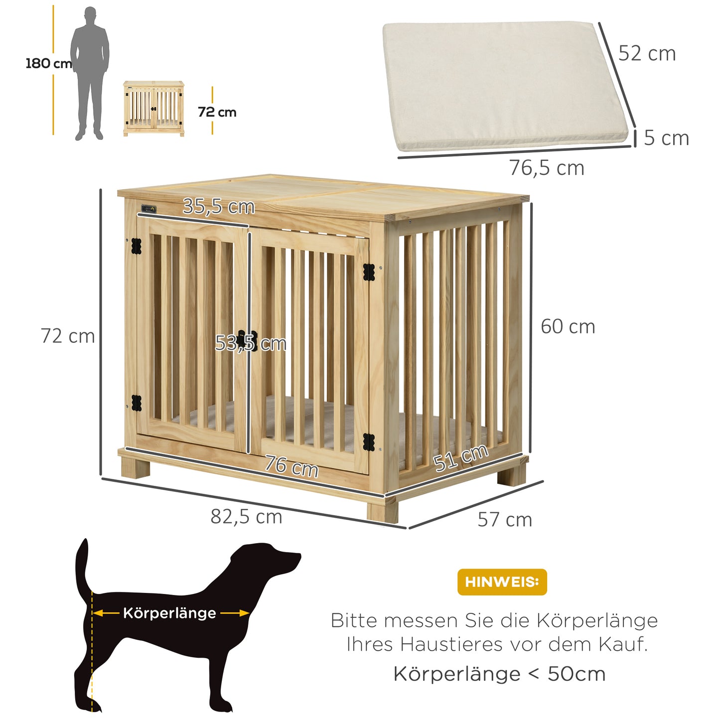 Hondenbench – Hondenkooi – Hondenhok – Dierenkooi – Hondenmand – Natuurlijk Hout – Inclusief Wasbaar Kussen – 82,5x57x72 cm
