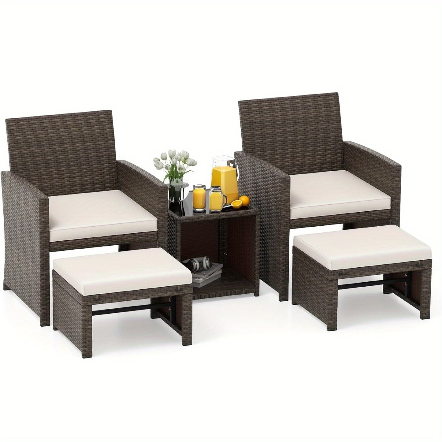 tuinmeubelset – loungeset – tuinstel – zitgroep – balkonset – 5-delig – rattan – glazen tafel – comfortabele fauteuils – voetkrukjes