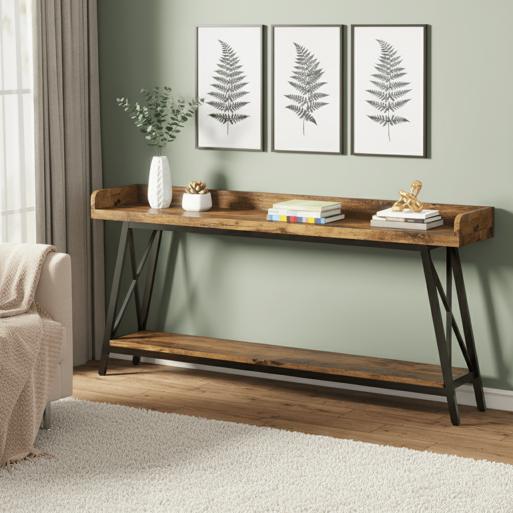 Sidetable – Consoletafel – Wandtafel – Haltafel – Bijzettafel – Extra Lang 178 cm – Industrieel Rustiek Bruin – Stevig MDF – Inclusief Krukken
