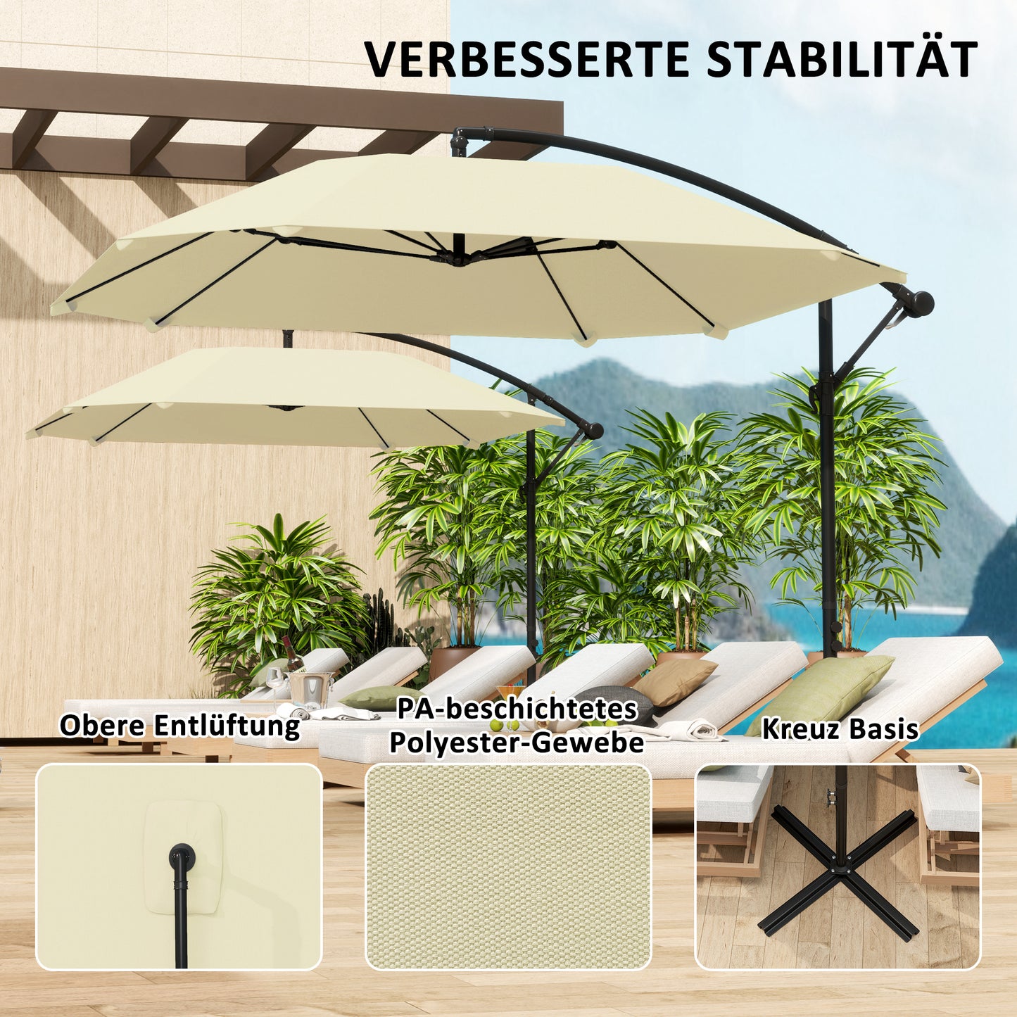 Terrasparasol – Parasol – Zonnescherm – Knikarmparasol – Buitenparasol – Beige – Waterafstotend Doek – Stevige Kruisvoet