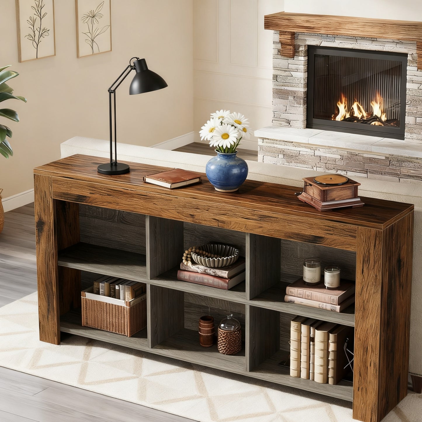 Console tafel – sidetable – haltafel – dressoir – opbergkast – Bruin en zwart – 160 cm lang – 6 open opbergvakken – massief hardhout en geperst hout – smal ontwerp