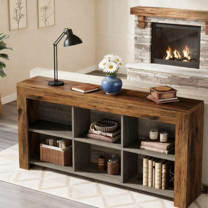 Console tafel – sidetable – haltafel – dressoir – opbergkast – Bruin en zwart – 160 cm lang – 6 open opbergvakken – massief hardhout en geperst hout – smal ontwerp