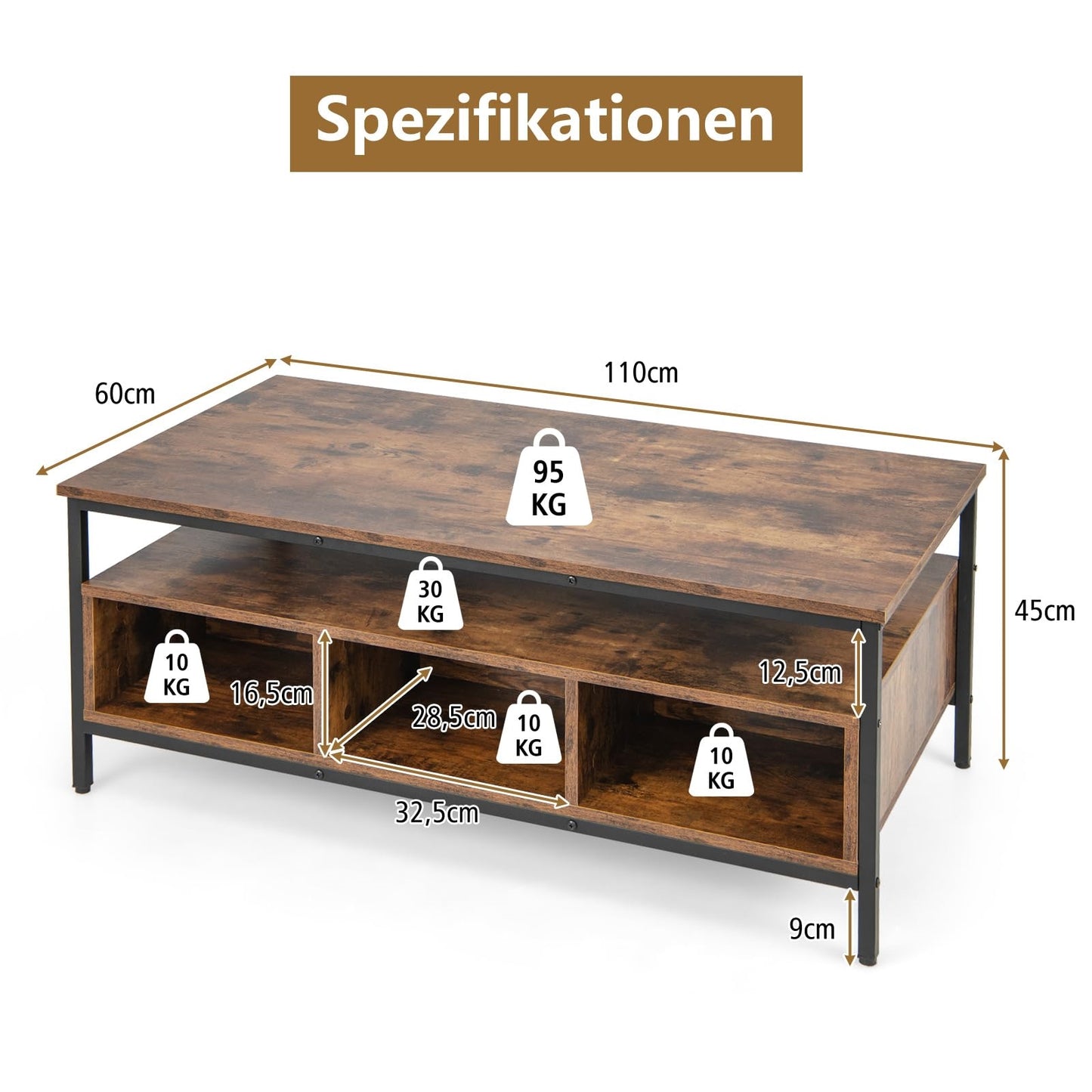 Salontafel – Koffietafel – Sofa Tafel – Woonkamertafel – Industriële Tafel – Metalen Frame – 110 x 60 cm – 6 Opbergruimtes