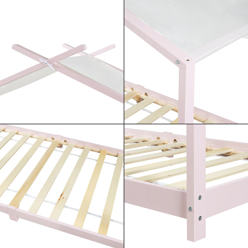 Huisvormig Kinderbed – Speelbed – Kinderbed - Bedhuis – Bunk Bed – Roze – Massief Dennenhout – Afneembaar Stoffen Dak – 90 x 200 cm
