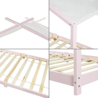 Huisvormig Kinderbed – Speelbed – Kinderbed - Bedhuis – Bunk Bed – Roze – Massief Dennenhout – Afneembaar Stoffen Dak – 90 x 200 cm