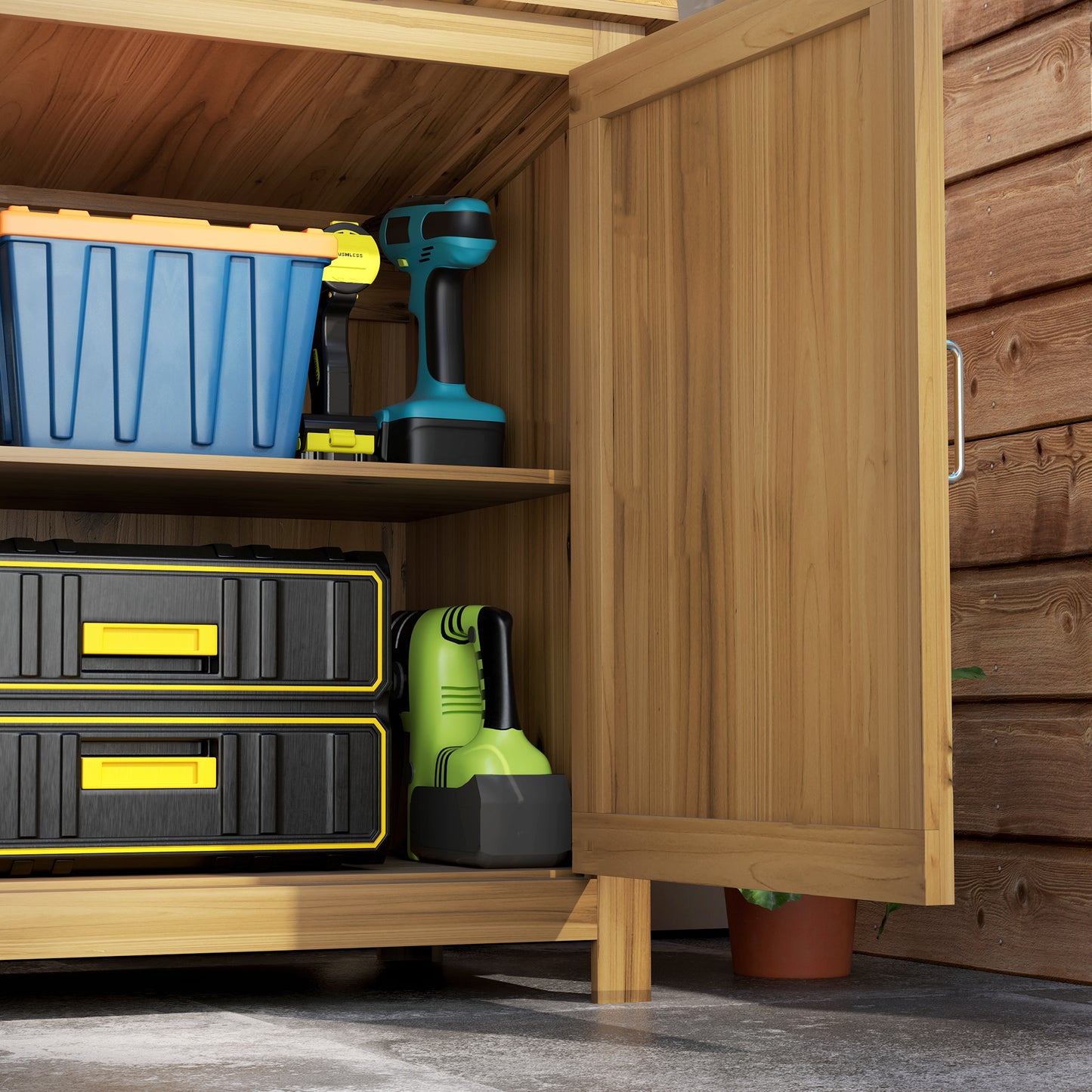 Outsunny Wooden Garden Shed with Slanted Roof, 2 Shelves & 2 Doors, Weather-Resistant Tool Cabinet, 110 x 50 x 85 cm, Brown