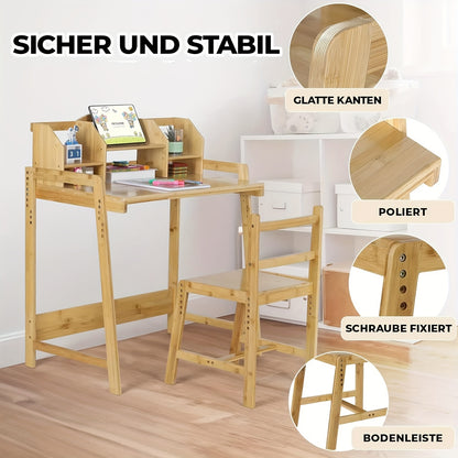 Verstelbare Bureau- En Stoelset – Werkplek Set – Thuiswerkplek – Kinderbureau – Studiebureau – Bamboe Materiaal – Ingebouwde Boekenplank Met Opbergruimte