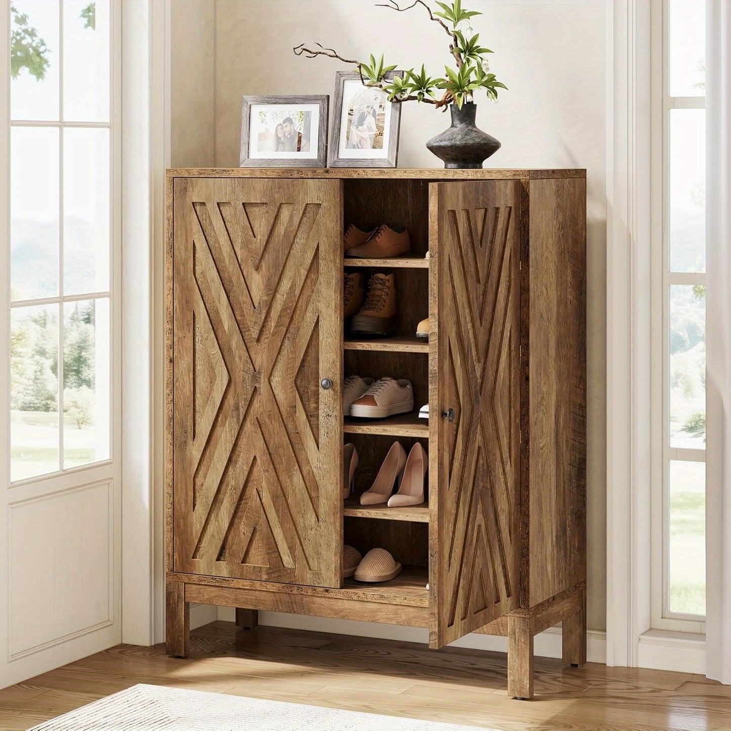 Schoenenkast – Schoenenrek – Schoenenopberger – Opbergkast – Schoenenbank – 5 Lagen – Verstelbare Planken – Industrieel Bruin Hout – Stevig Vloerstaand Design