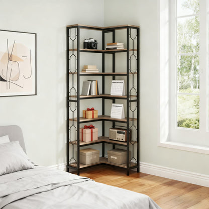 Hoekboekenkast – Hoekrek – Opbergkast – Boekplank – Wandmeubel – Industrieel Design – 7 Lagen Met L-vormige Reling – Hout & Metaal – Draagvermogen 50 kg – Grijs