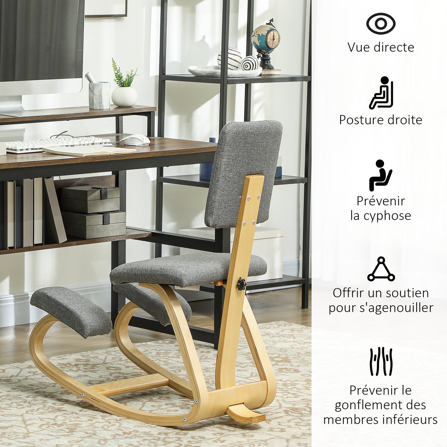 Kniestoel – Ergonomische Bureaustoel – Knielstoel – Zitknieler – Rocking Chair – Verbeterde Houding – Massief Beukenhout – Grijs