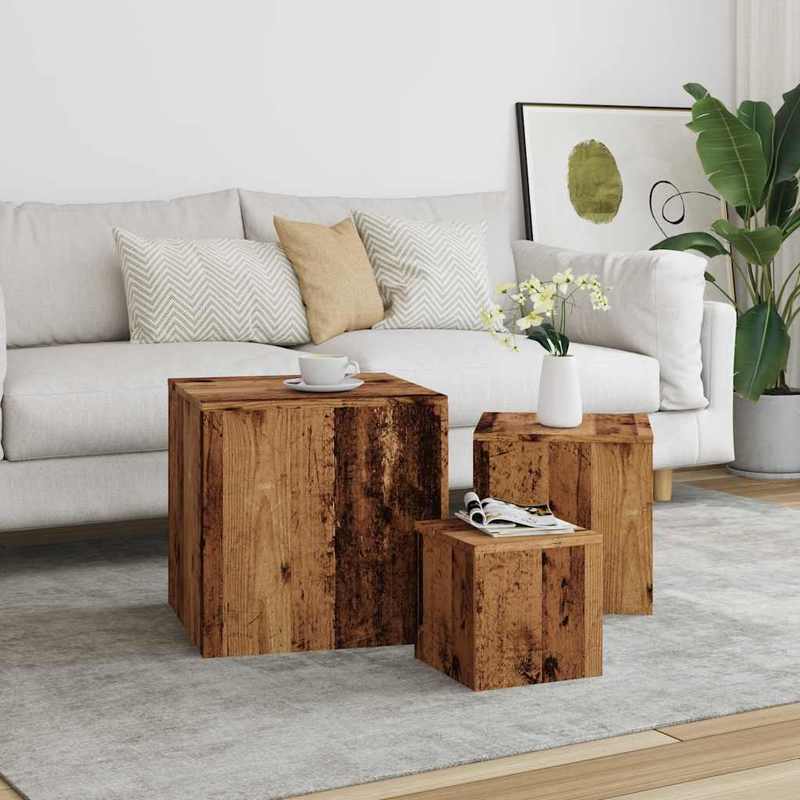 Bijzettafels – Salontafel – Bijzettafel – Tafeltje – Houten Tafels – Set Van 3 – Reclaimed Wood Look – Houtachtig Materiaal – Compact En Duurzaam