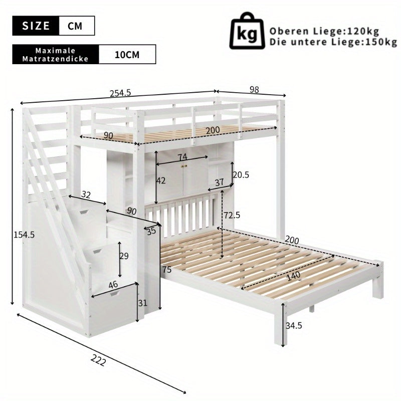 Hoogslaper – Stapelbed – Eenpersoonsbed – Kinderbed – Bed met Bureau – Ruimtebesparend – Gemakkelijk te Montaren Zonder Gereedschap – Wit Modern Design