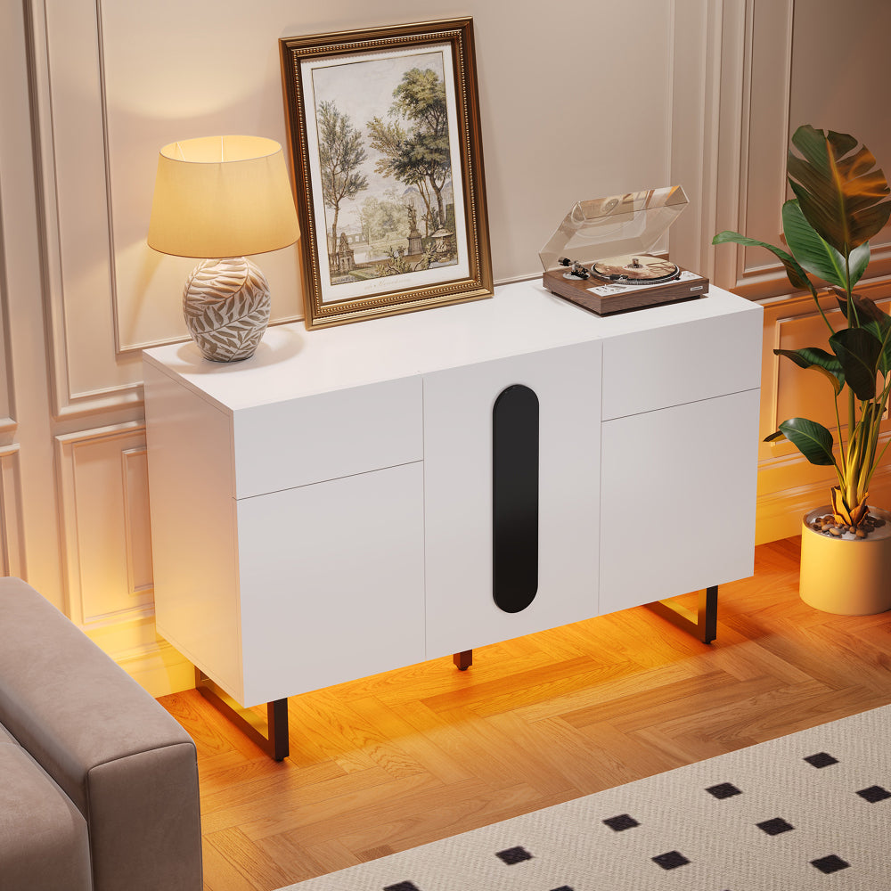 Sideboard, modern sideboard, 120cm, featuring ample storage space, drawers and cabinet doors, white finish with black handles and metal legs, suitable for dining rooms, living rooms or kitchens.