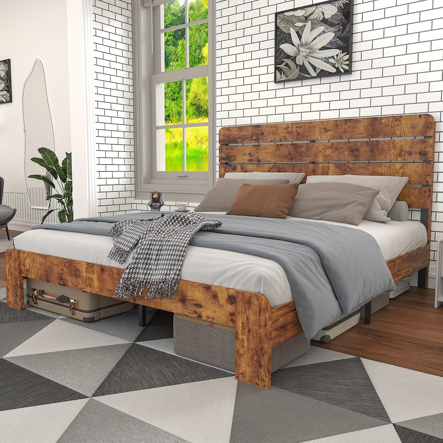 Modern Bedframe – Tweepersoonsbed – Slaapkamermeubel – Bedframe Metaal – Bed 160x200 cm – Stijlvol Hoog Hoofdbord – Stevig Metalen Frame