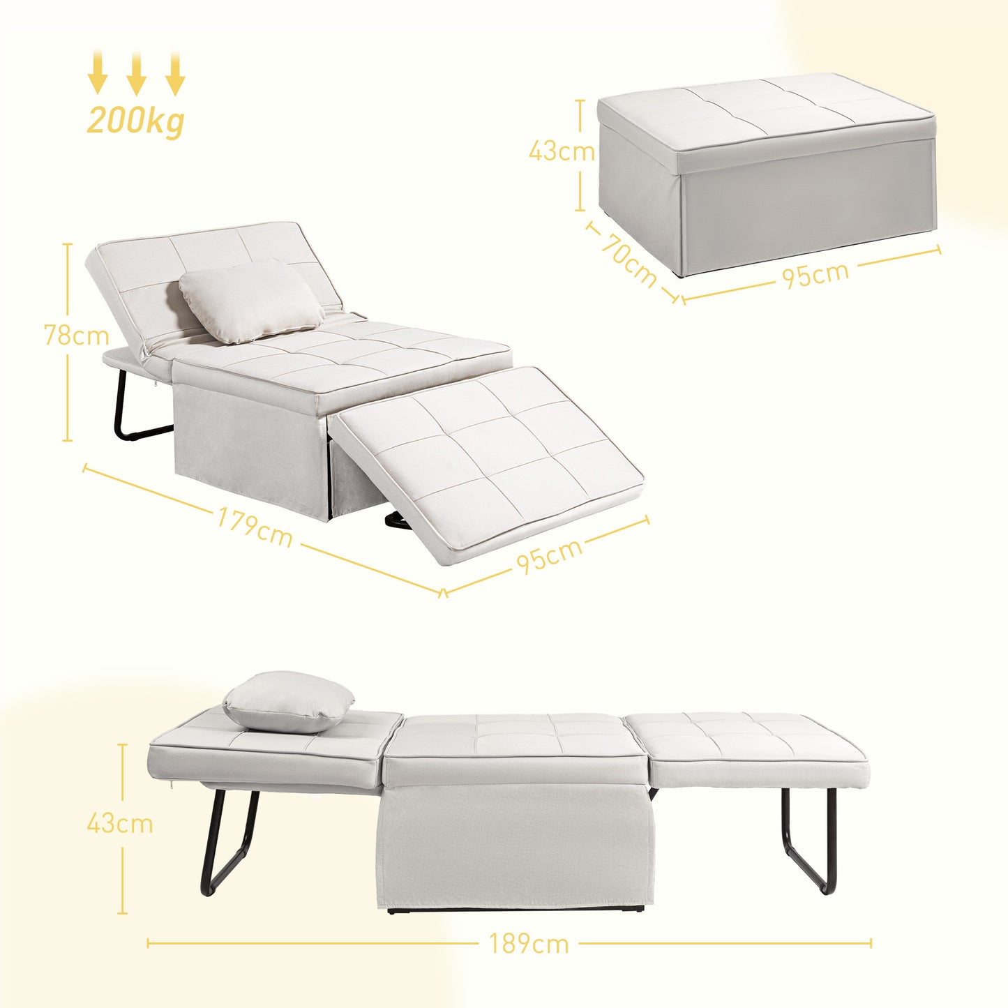 3-in-1 Relaxstoel – Pouf – Chaise Longue – Slaapstoel – Zitzak – Verstelbare Rugleuning 5-standen – Inklapbare Voetensteun – Crèmekleurige Linnenstof – Zwart Metalen Frame