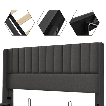 Tweepersoonsbed – 2-Persoonsbed – Bedframe – Bed – Slaapbed – Verstelbare Hoogte – Dubbele Laag Opbergruimte – 140x200 cm – Grijze Linnen Bekleding