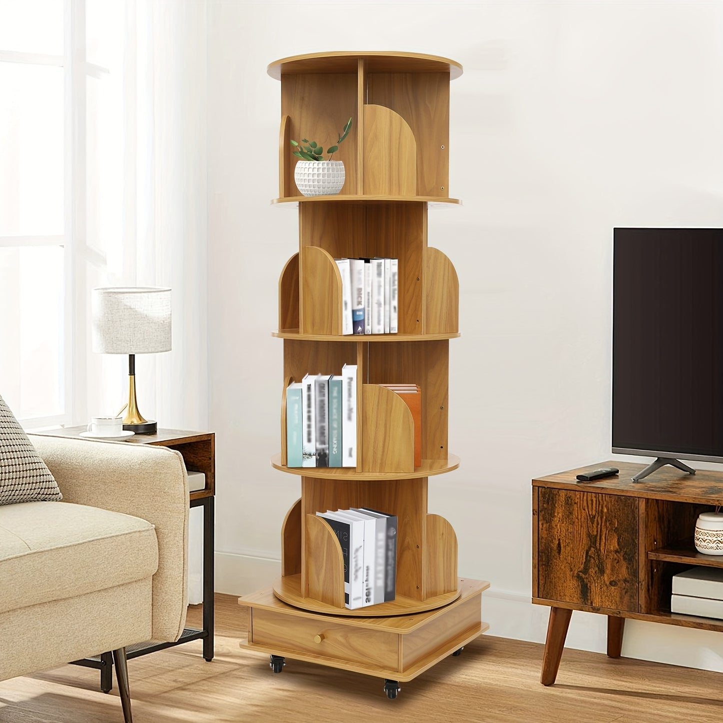 Boekenplank – Boekenrek – Wandplank – Boekenkast – Opbergmeubel – Draaibaar 360° – Massief Hout – 4 Lagen – Verrijdbaar – Compact 46x46x142 cm