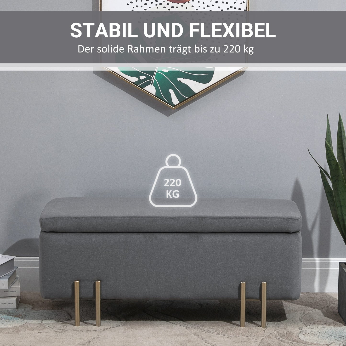 Opbergbank – Opbergbank – Bankje – Opbergkist – Hocker – Donkergrijs – 70 Liter Opbergruimte – Stevig Rubberhout Metalen Pooten