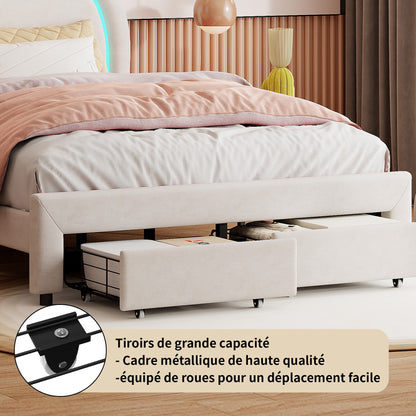 Gestoffeerd Bed 160x200 – Tweepersoonsbed – Stapelbed – Opbergbed – Bed met Lade – Semi-Rond Hoofdbord – Verstelbaar Hoofdbord – 2 Lade Opbergruimte – Lattenbodem