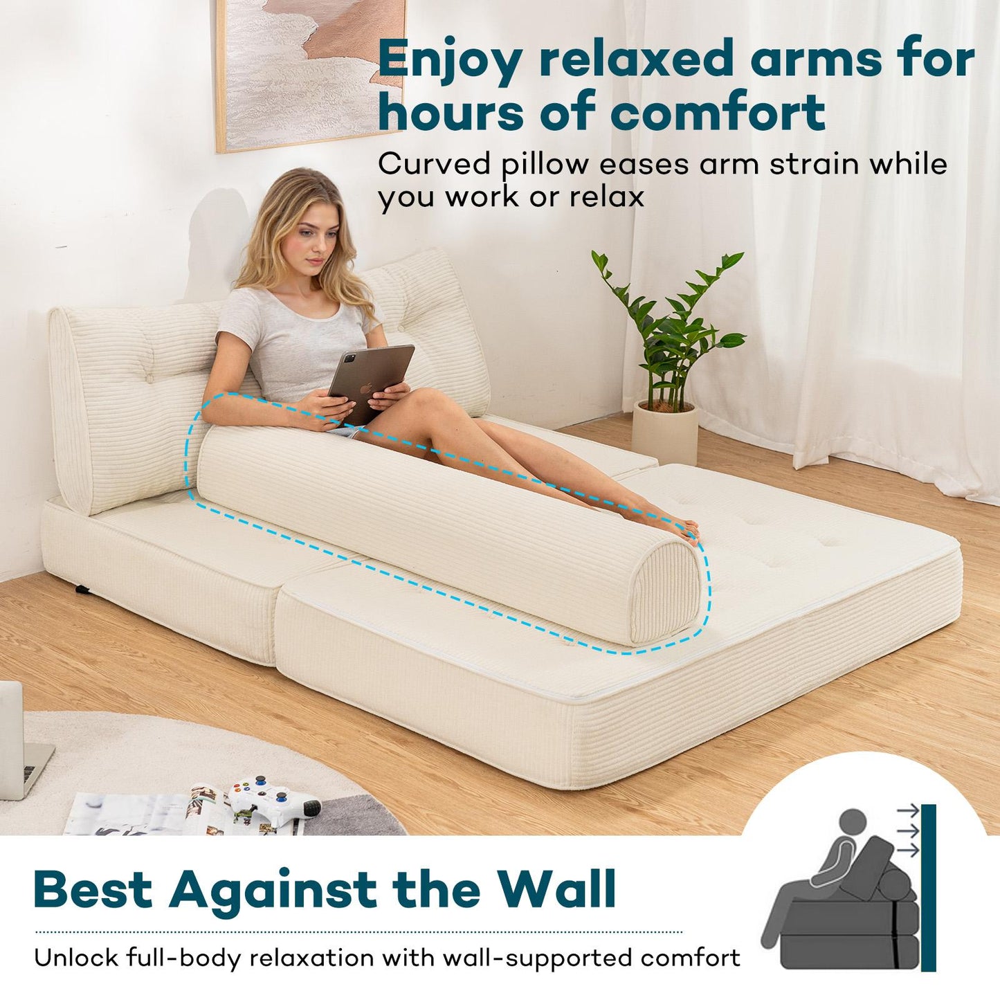 Futon Slaapstoel – Slaapstoel Bedbank – Slaapbank Stoel – Slaapstoel Opklapbaar – Queen Grijs – Hoogwaardige 7 cm Foam Vulling – Inclusief Hoofd- en Lendenkussens