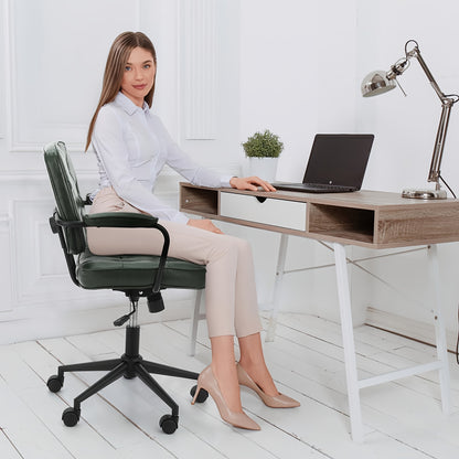 Ergonomische Bureaustoel – Bureaustoel Thuis – Kantoorstoel – Deskchair – Werkstoel – Verstelbare Zithoogte – Mid-Back Lendensteun – Donkergroen PU-Leder – 360° Draaibaar Met Wieltjes