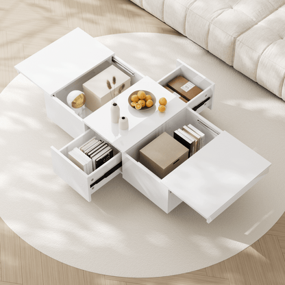 Salontafel – Koffietafel – Bijzettafel – Woonkamertafel – Tafel – Hoogglans Wit – Dubbele Schuifladen – Hout Kunstboard