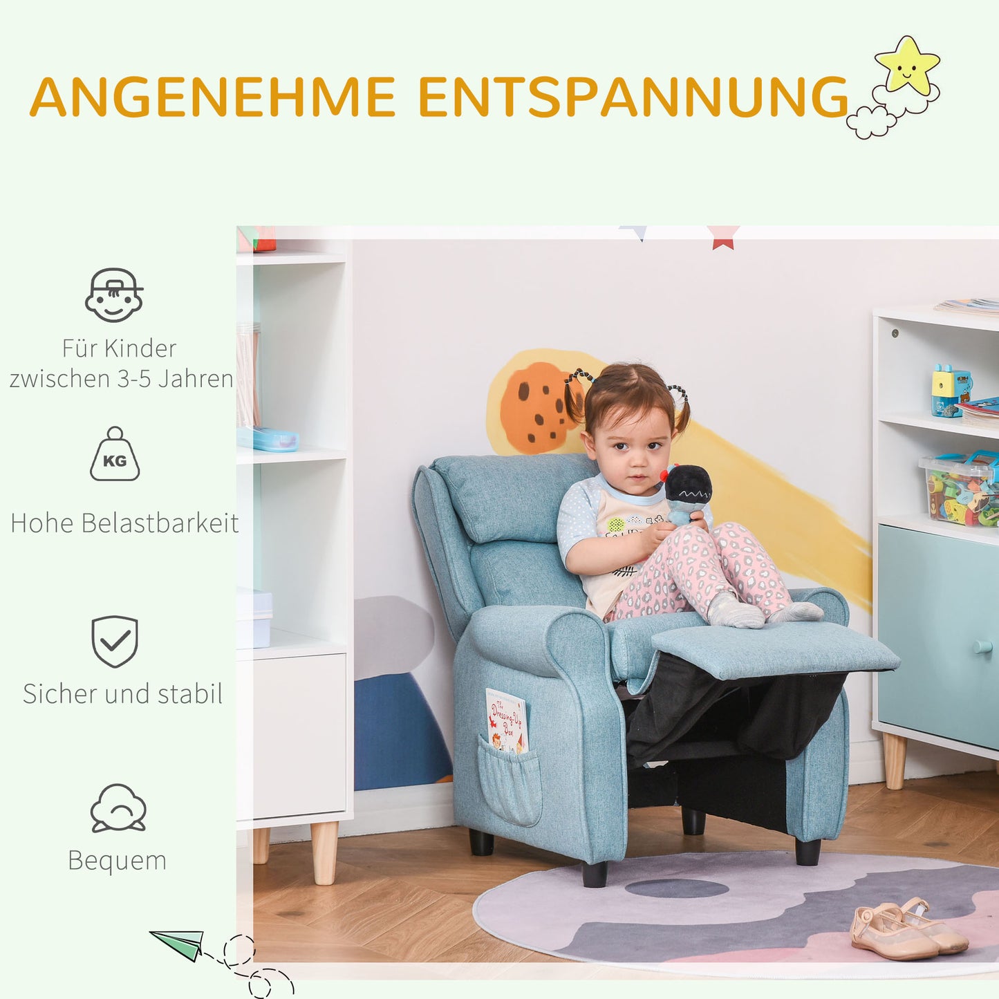 Kinderfauteuil – Kinderstoel – Kindersofa – Kinderbank – Relaxstoel – Verstelbare Rugleuning – Inclusief Voetensteun – Blauw – Compact 58x53x70 cm