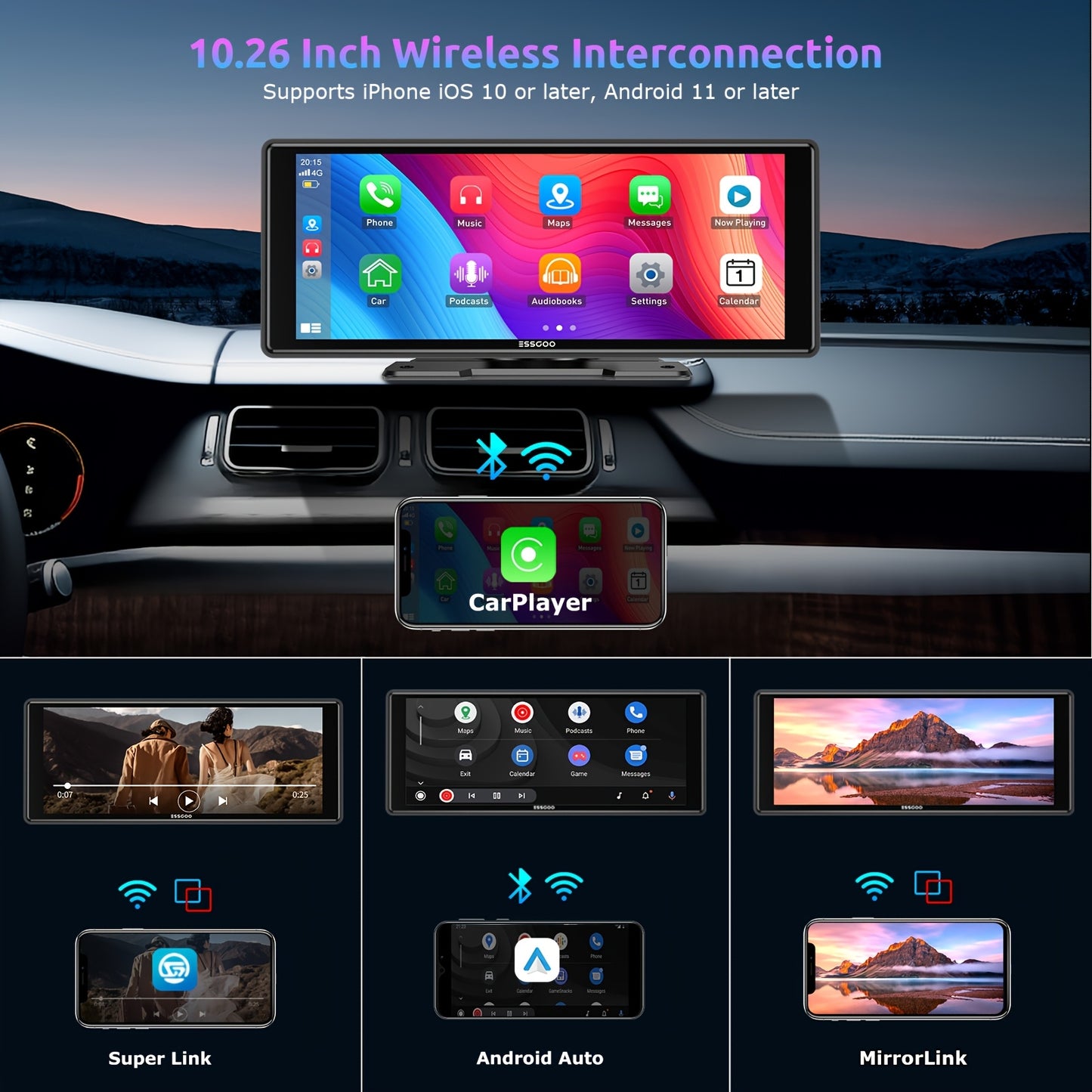 Draadloze Car Player – Auto Multimedia Speler – Android Auto Radio – CarPlay Systeem – 10,26-Inch IPS Touchscreen – Full HD Display – Stemcontrole & Mirror Link