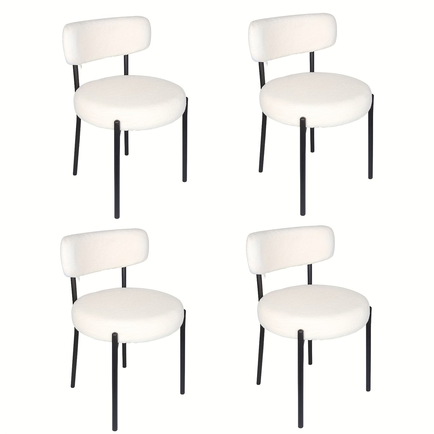 Boucle Fabric Dining Chairs Set Of 4, Round Upholstered Dining Room Chairs with Black Metal Legs, Open Back Design, Modern Kitchen Dining Room Chairs for Kitchen, Living Room (4pcs, White), Kitchen Seating, Minimalist Furnitu