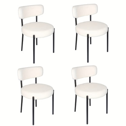 Boucle Fabric Dining Chairs Set Of 4, Round Upholstered Dining Room Chairs with Black Metal Legs, Open Back Design, Modern Kitchen Dining Room Chairs for Kitchen, Living Room (4pcs, White), Kitchen Seating, Minimalist Furnitu