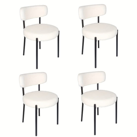 Boucle Fabric Dining Chairs Set Of 4, Round Upholstered Dining Room Chairs with Black Metal Legs, Open Back Design, Modern Kitchen Dining Room Chairs for Kitchen, Living Room (4pcs, White), Kitchen Seating, Minimalist Furnitu
