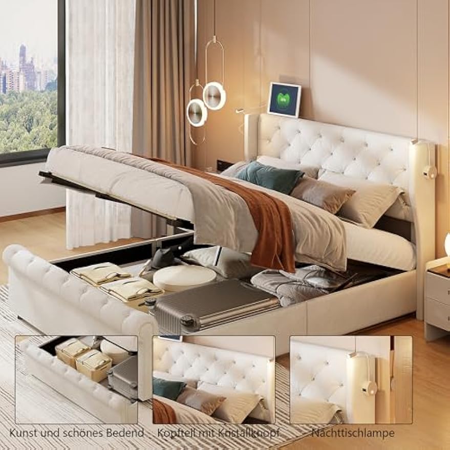 Opbergbed – Gestoffeerd Bed – Tweepersoonsbed – Bedkoffer – Opbergmeubel – 140x190 cm – Off-white Velvet – Hydraulisch Systeem & USB Leeslamp