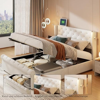 Opbergbed – Gestoffeerd Bed – Tweepersoonsbed – Bedkoffer – Opbergmeubel – 140x190 cm – Off-white Velvet – Hydraulisch Systeem & USB Leeslamp