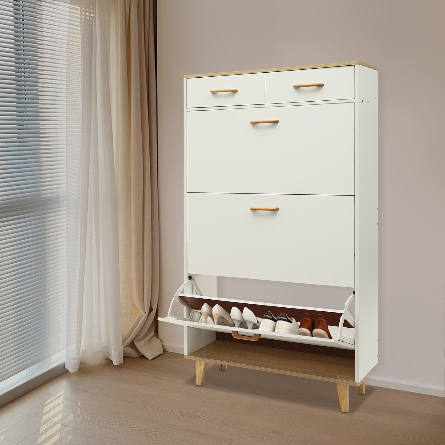 Schoenenkast – Schoenenrek – Schoenopberger – Schoenenkastje – Schoenenmeubel – Warm Wit Hout met Gouden Accenten – Ruim met 15 Paar Schoenen Capaciteit en Dubbele Lades