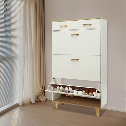 Schoenenkast – Schoenenrek – Schoenopberger – Schoenenkastje – Schoenenmeubel – Warm Wit Hout met Gouden Accenten – Ruim met 15 Paar Schoenen Capaciteit en Dubbele Lades