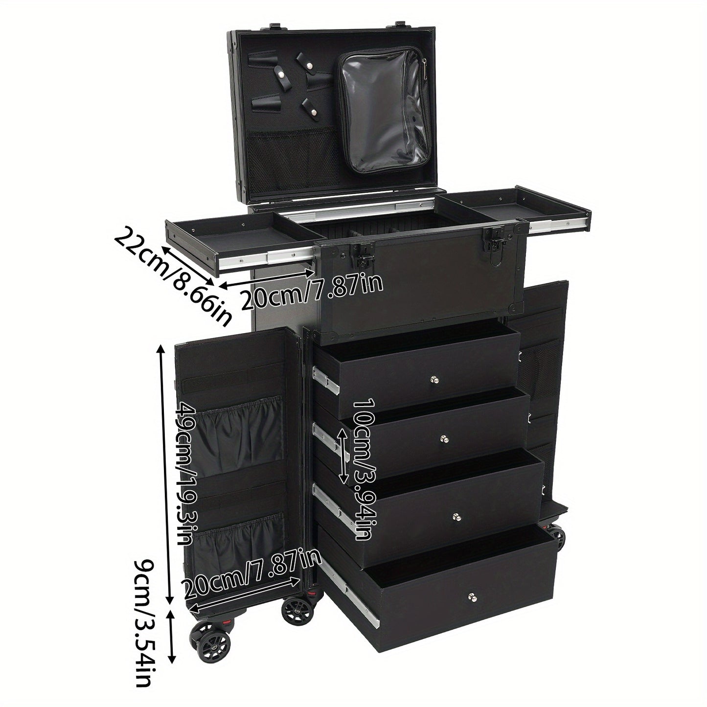 Make-up koffer – Make-up trolley – Cosmetica koffer – Beautycase – Visagiekoffer – Verstelbare hoogte – 360° draaibare wieltjes – Harde ABS buitenkant – Sleutelslot – Zwart