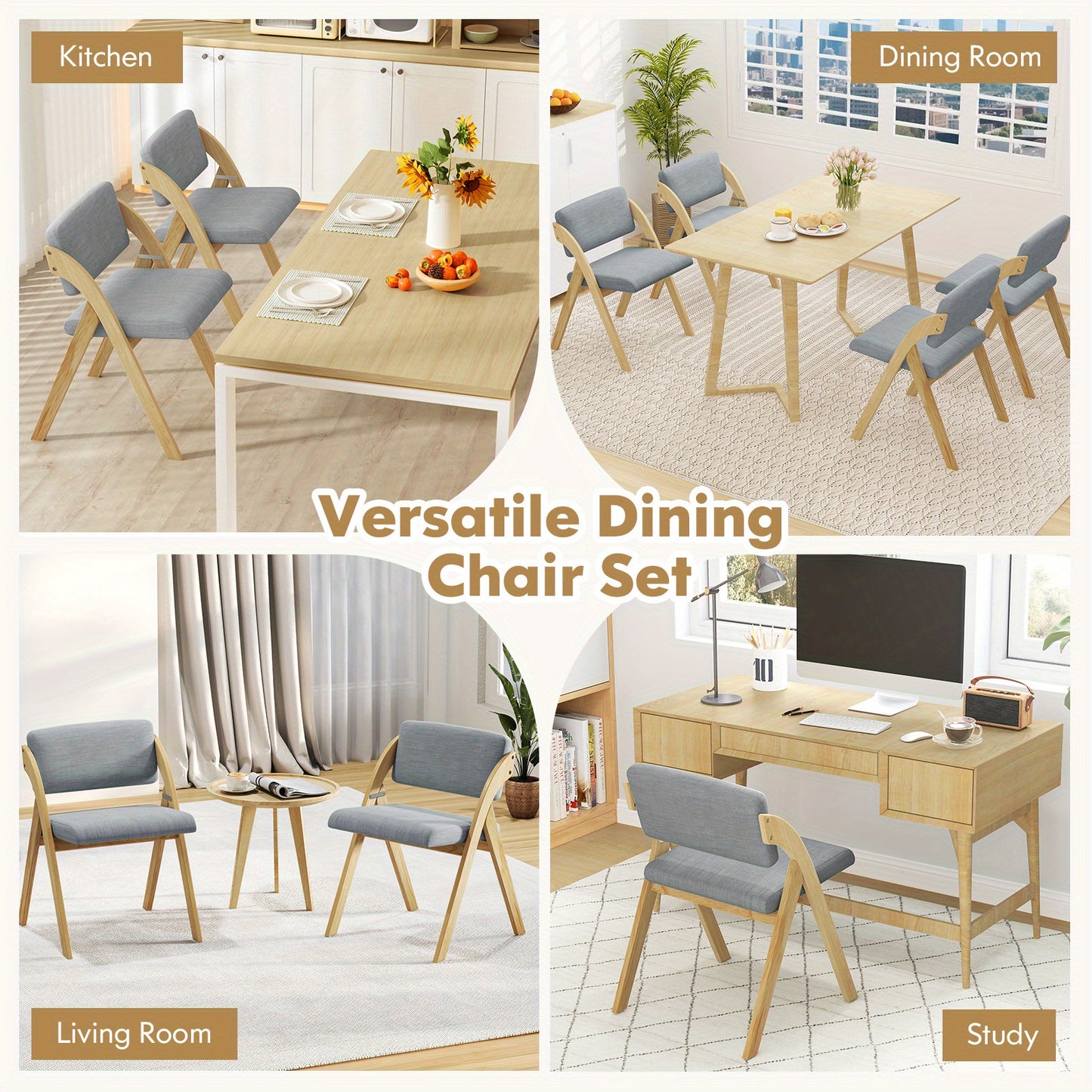 Vouwstoel – Klapstoel – Eetkamerstoel – Kampeerstoel – Opvouwbare Stoel – Stevige Rubberhouten Poten – Comfortabele Gewatteerde Zitting – Grijs