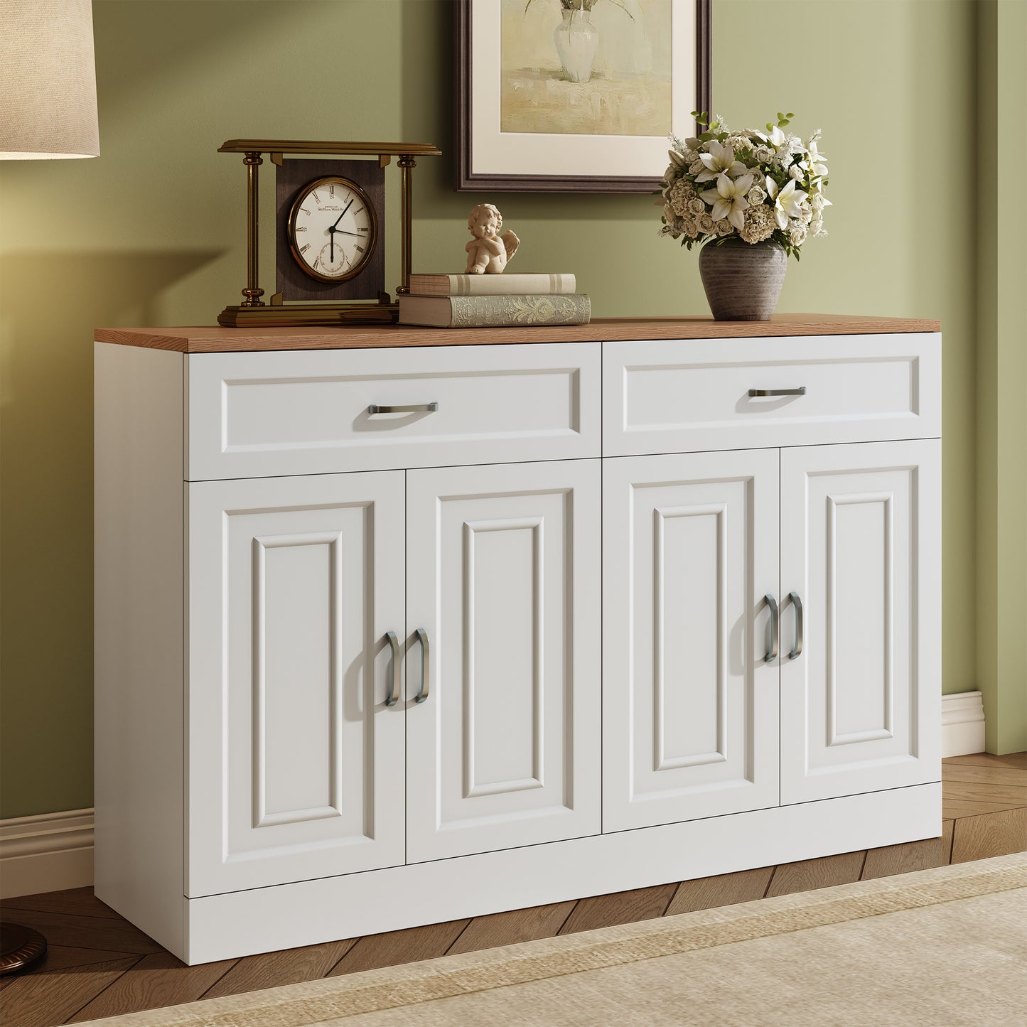 Sideboard – Dressoir – Kast – Opbergmeubel – Buffetkast – Wit Met Houtlook Bovenblad – Verstelbare Planken En Kantelbeveiliging – 120x35x80,5 cm