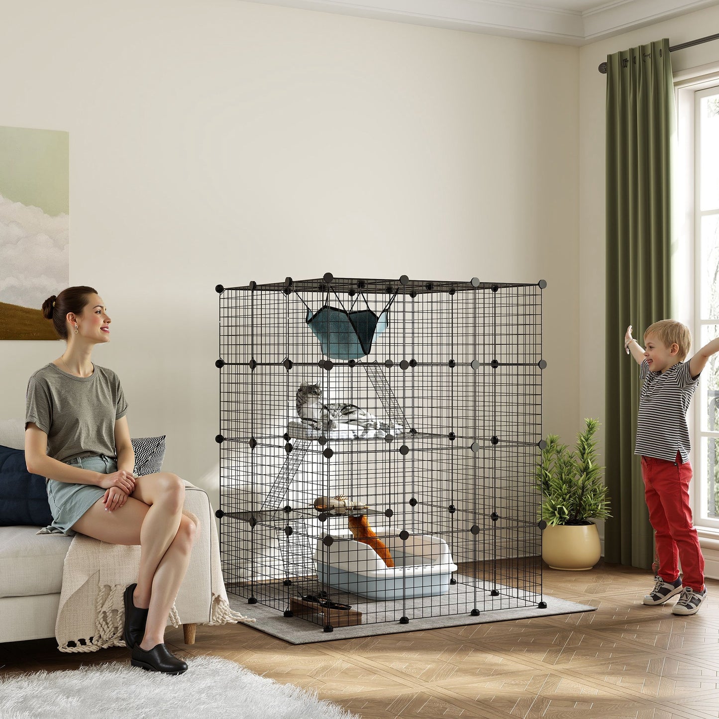Modulaire Binnenren – Konijnenren – Kleine Dierenkooi – Binnenkooi – Huisdierenren – Zwart Metalen Draadwerk – 4 Niveaus en 1,1 m² Speelruimte
