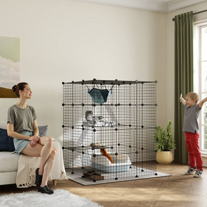 Modulaire Binnenren – Konijnenren – Kleine Dierenkooi – Binnenkooi – Huisdierenren – Zwart Metalen Draadwerk – 4 Niveaus en 1,1 m² Speelruimte
