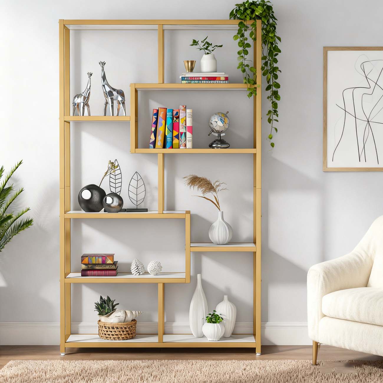 Boekenkast – Boekplank – Openkast – Vakkenkast – Wandrek – Wit Marmer/Goud – 8 Open Planken – Stevig Metalen Frame 180 cm