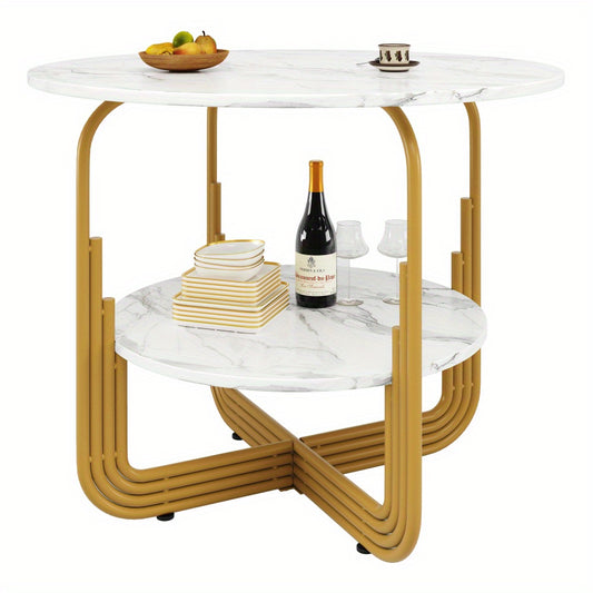 Eettafel – Ronde Tafel – Dinertafel – Keukentafel – Bistrotafel – Wit Marmerlook Blad – Goudkleurig Metalen Frame – Ø 80 x 76 cm – Inclusief Opbergplateau