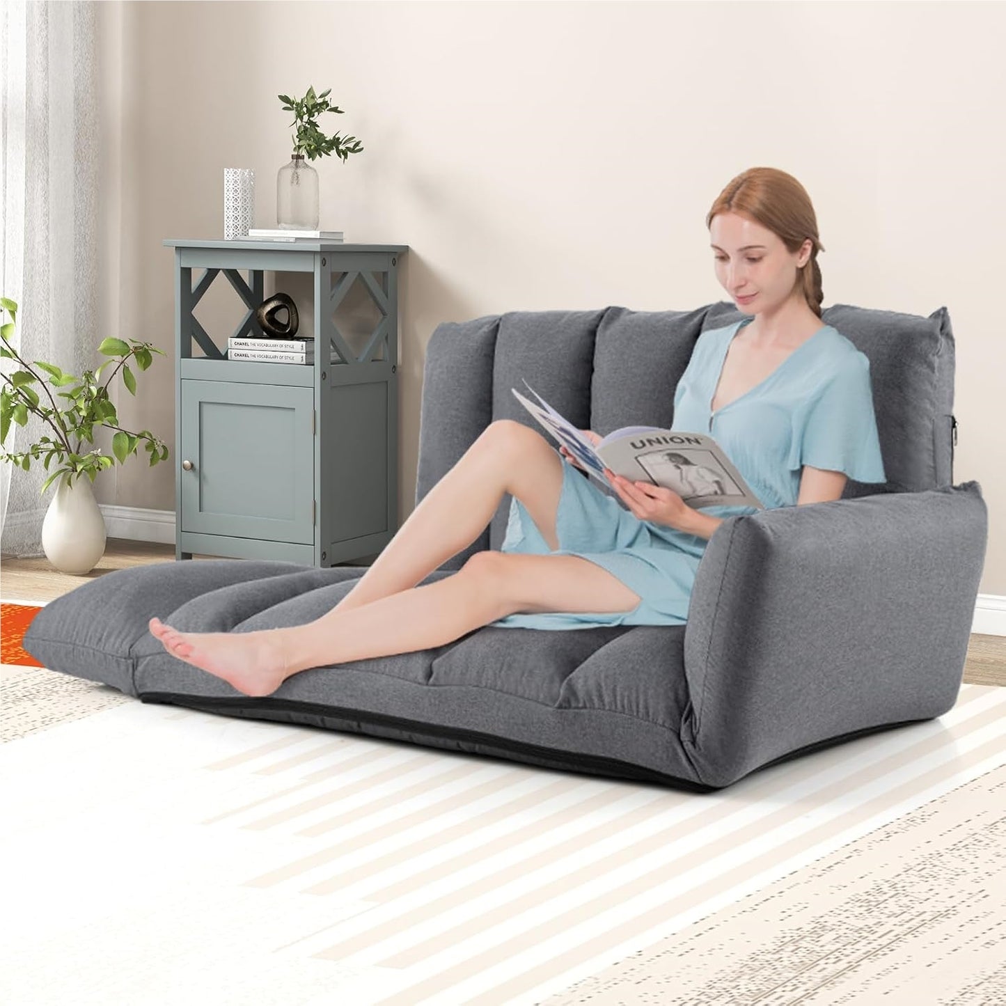 Slaapbank – Sofa – Vloerbank – Bedbank – Slaapzetel – 5-standen rugleuning – Verstelbare armleuningen – Grijs – Met Metaalframe