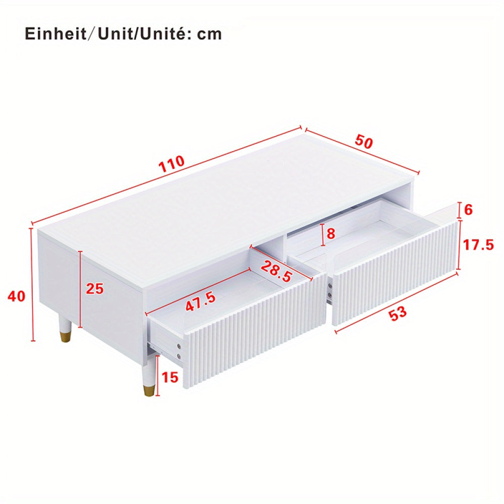 Salontafel – Koffietafel – Bijzettafel – Woonkamertafel – Opbergtafel – Modern met Golvend Ladeblad – Metaal Gouden Wit Frame