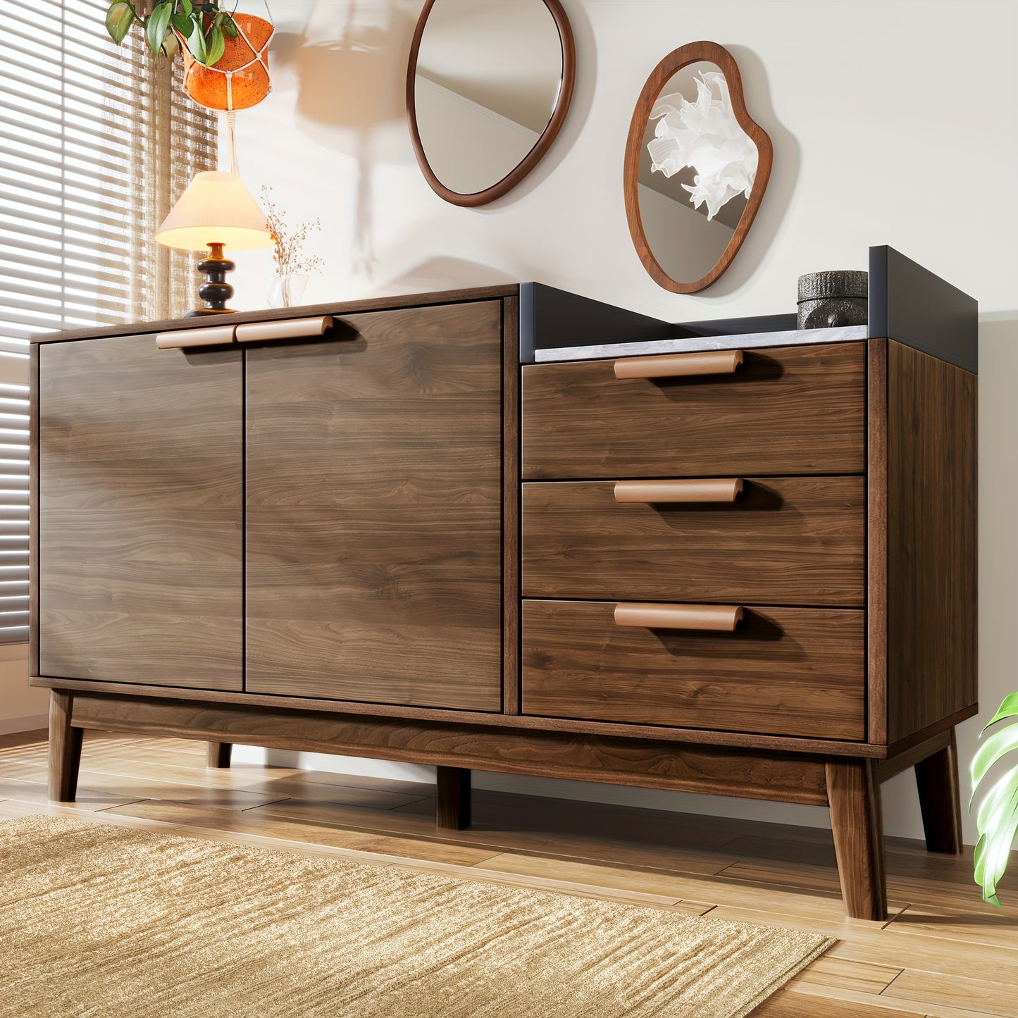 Opbergkast – Kast – Opbergmeubel – Dressoir – Kastje – Modern Klassiek – Bamboe Met Marmerlook Blad – Vrijstaand Ruimtebesparend Bruin