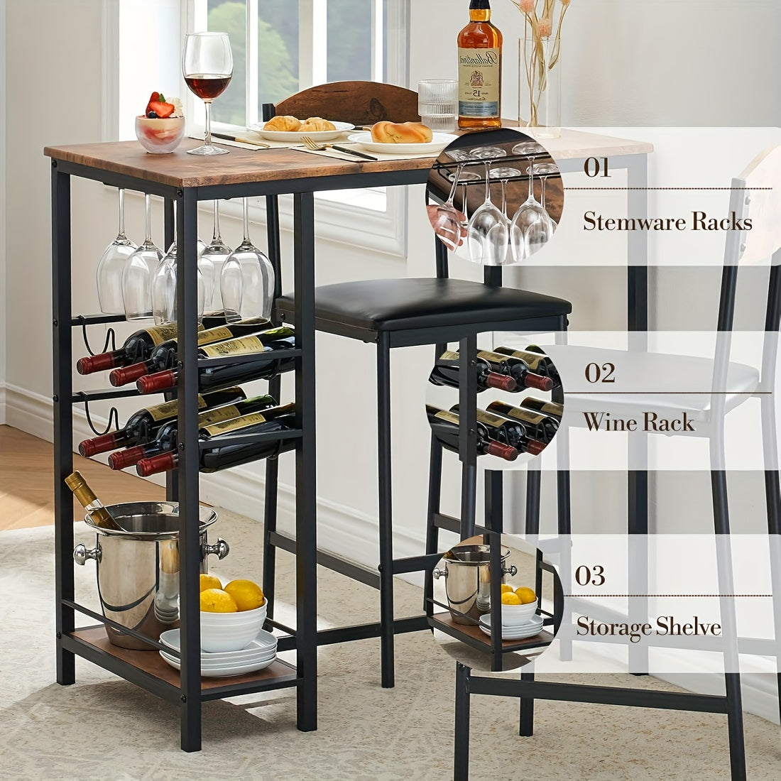3pcs Bar Table Set for 2 with Footrest Chairs, Kitchen Table with 2 Upholstered Chairs, Dining Table Set with Wine Rack and Storage Shelf, Cup Holder for Kitchen and Dining Room, Small Space, Apartment, Dining Table Set for 2