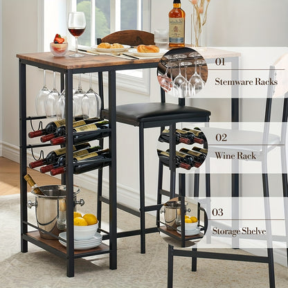 Bar Tafel Set – Eettafel Set – Keukentafel Met Stoelen – Bistroset – Barstoel Set – Met Wijnrek & Opbergrek – Compact Voor Kleine Ruimtes – Vintage Kleur