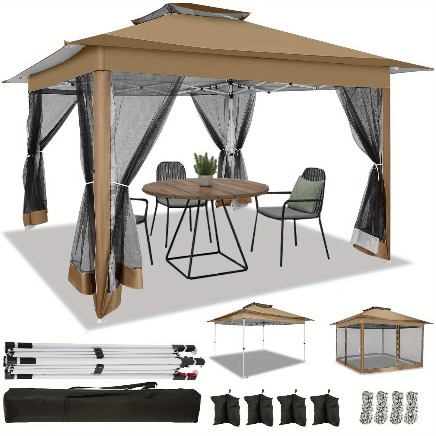 3.66x3.66meter Pop-Up Tent with 4 Mosquito Net Side Walls, Double Roof Design, Height Adjustable, Carry Bag Included - Ideal for Beach, Outdoor, Terrace Use, Beach Tent, Outdoor Shelter, Modern Shelter, Durable Fabric