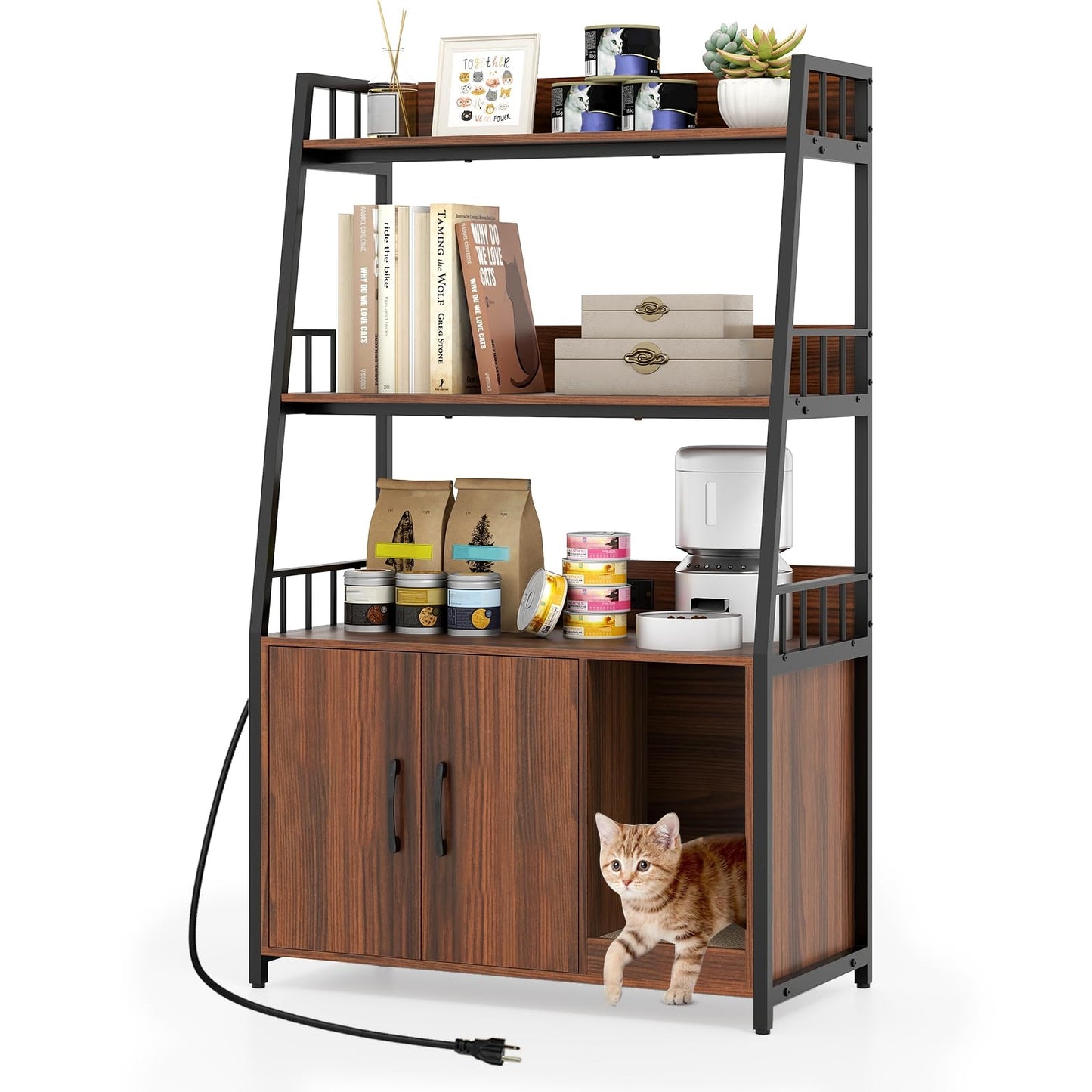 Kattenkast – Kattenhuis – Kattenmeubel – Kattenbakkast – Kattentoilet – Walnootkleur – Geïntegreerd Oplaadstation – Ventilatie Tegen Geurtjes