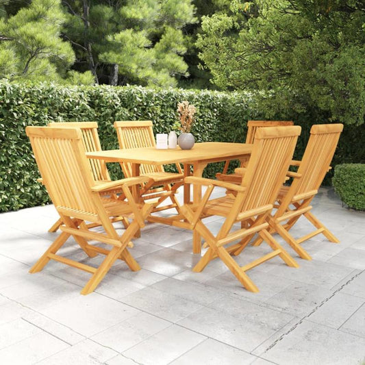7-Set Solid Wood Teak Garden Furniture - Removable Outdoor Patio Chairs & Table, Mixed Colors, Weather-Resistant with Sturdy Metal Frame for Backyard, Patio, or Garden Use, Patio Furniture, Outdoor Dining Set, Natural Wood Fi